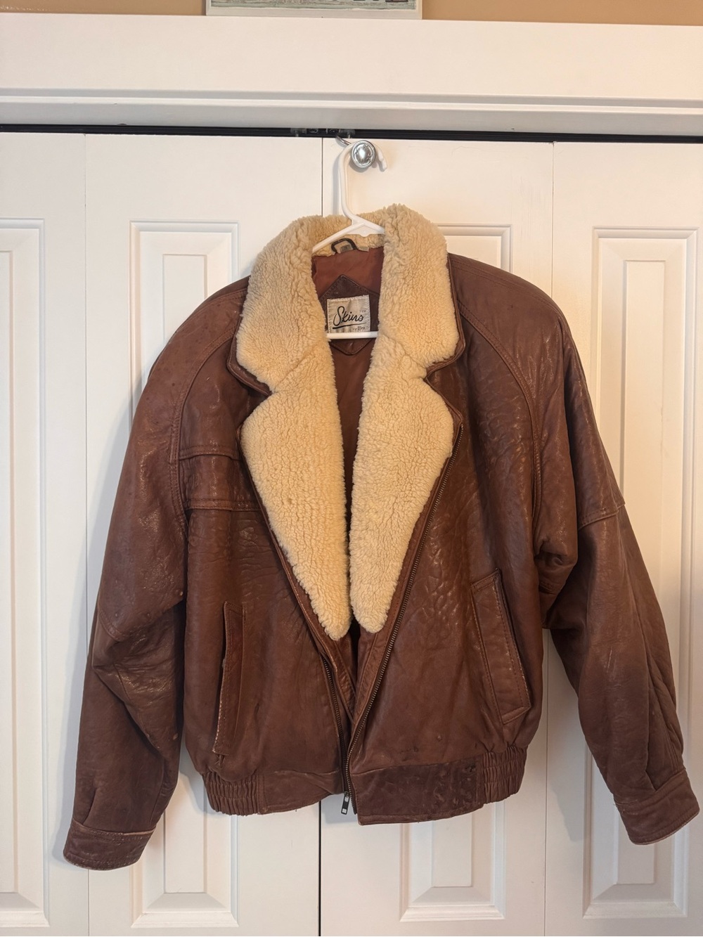 Skin Brown Leather Bomber Jacket with Cream Shearling Collar
